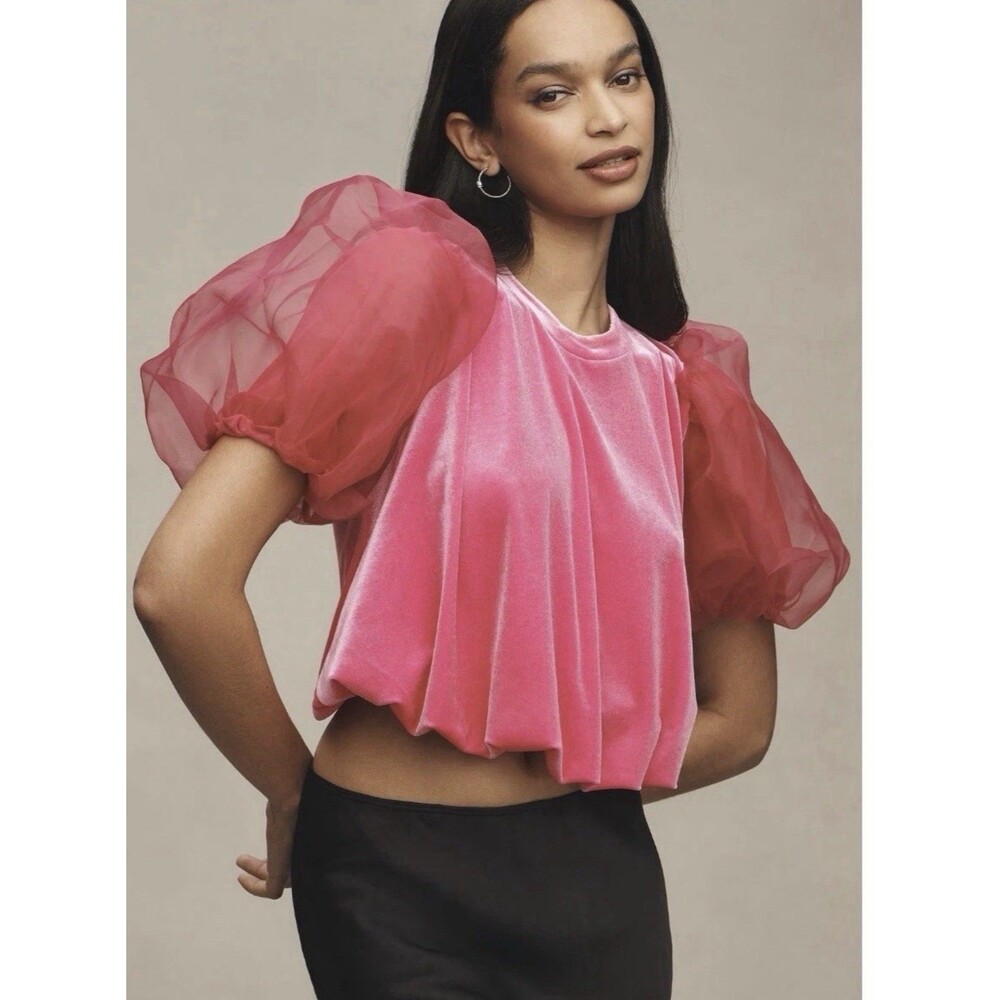 Maeve by Anthropologie Pink Velvet Puff Sleeve Top Blouse Women’s XS